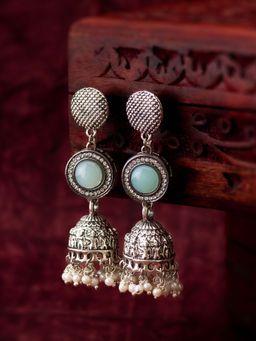 Aadita - Women Green Stone Studded Silver Plated Pearl Jhumka Earrings