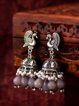 Aadita - Women Silver Plated Grey Classic Pearl Peacock Jhumka Earrings