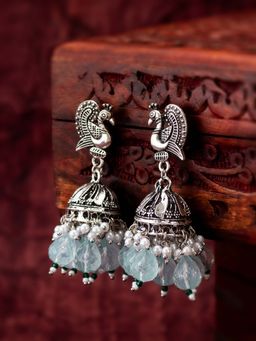 Aadita - Women Silver Plated Sea Green Classic Pearl Peacock Jhumka Earrings