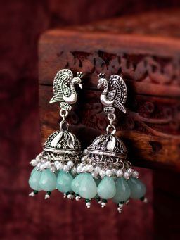 Aadita - Women Silver Plated Mint Green Classic Pearl Peacock Jhumka Earrings