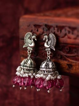 Aadita - Women Silver Plated Pink Classic Pearl Peacock Jhumka Earrings