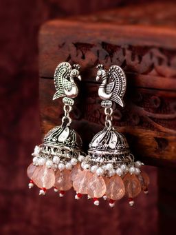 Aadita - Women Silver Plated Peach Classic Pearl Peacock Jhumka Earrings