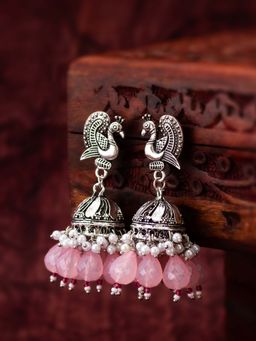 Aadita - Women Silver Plated Light Pink Classic Pearl Peacock Jhumka Earrings