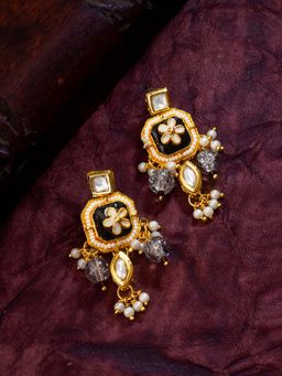 Aadita - Women Black Gold Plated Kundan and Pearl Drop Earrings