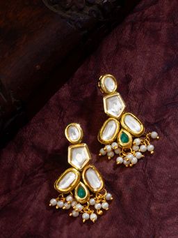Aadita - Women Green Gold Plated Kundan and Pearl Drop Earrings