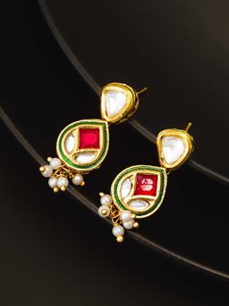 Aadita - Women Red Gold Plated Kundan and Pearl Drop Earrings
