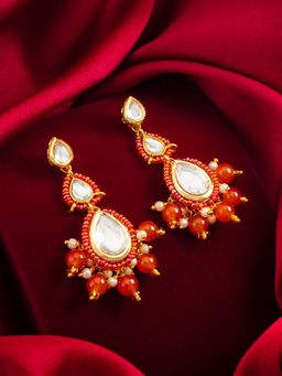 Aadita - Women Orange Gold Plated Kundan Classic Drop Earrings