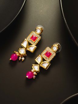 Aadita - Women Pink Gold Plated Kundan Diamond Studded Drop Earrings
