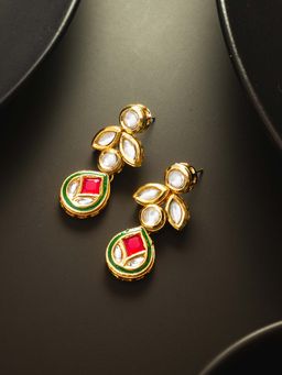 Aadita - Women Red Gold Plated Kundan Diamond Studded Drop Earrings