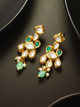 Aadita - Women Green Gold Plated Kundan Pearl Drop Earrings