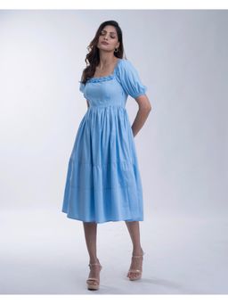 Myclo - Women Blue Cotton Solid Knee Length Dress