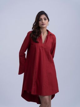 Myclo - Women Red Cotton Solid Knee Length Dress
