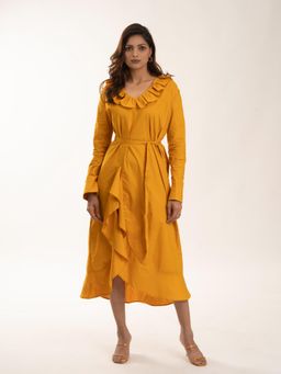 Myclo - Women Mustard Cotton Solid Maxi Dress