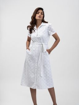 Myclo - Women White Cotton Embroidered Knee Length Dress