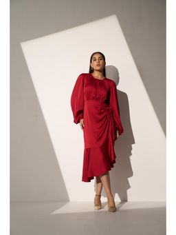 Myclo - Women Red Satin Solid Knee Length Dress