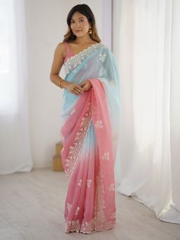 Akhilam - Women's Tissue Light Blue Embroidered Designer Saree with Unstitched Blouse