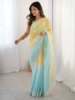 Akhilam - Women's Tissue Yellow Embroidered Designer Saree with Unstitched Blouse