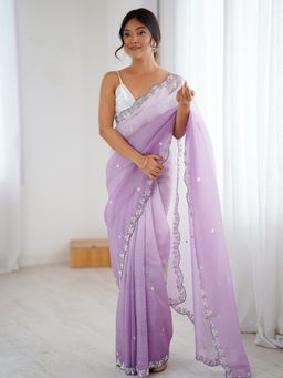 Akhilam - Women's Chiffon Purple Embellished Designer Saree with Unstitched Blouse
