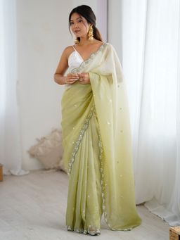 Akhilam - Women's Chiffon Olive Embellished Designer Saree with Unstitched Blouse