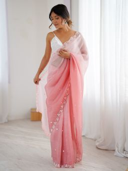 Akhilam - Women's Chiffon Pink Embellished Designer Saree with Unstitched Blouse