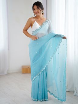 Akhilam - Women's Chiffon Light Blue Embellished Designer Saree with Unstitched Blouse