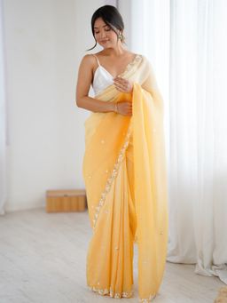 Akhilam - Women's Chiffon Yellow Embellished Designer Saree with Unstitched Blouse