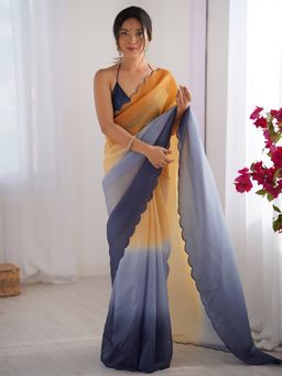 Akhilam - Women's Chiffon Mustard Embroidered Designer Saree with Unstitched Blouse