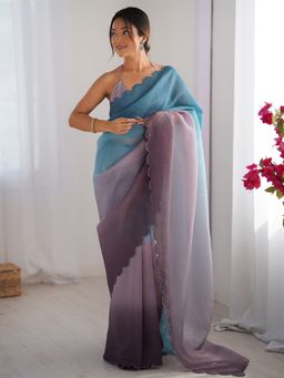 Akhilam - Women's Chiffon Blue Embroidered Designer Saree with Unstitched Blouse