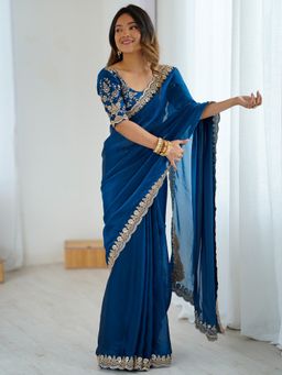 Akhilam - Women's Tissue Blue Embellished Designer Saree with Unstitched Blouse