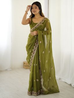 Akhilam - Women's Tissue Green Embellished Designer Saree with Unstitched Blouse