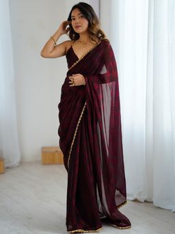 Akhilam - Women's Chiffon Maroon Embellished Designer Saree with Unstitched Blouse