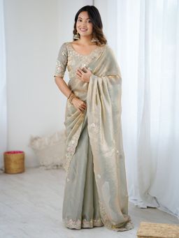Akhilam - Women's Satin Beige Embellished Designer Saree with Unstitched Blouse