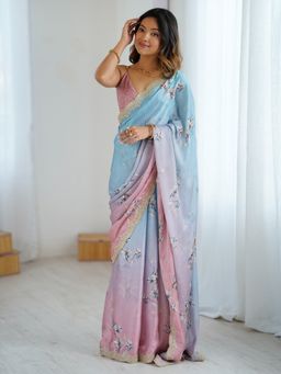 Akhilam - Women's Chiffon Light Blue Embellished Designer Saree with Unstitched Blouse