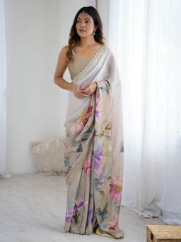 Akhilam - Women's Georgette Beige Printed Designer Saree with Unstitched Blouse