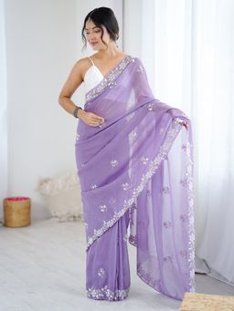 Akhilam - Women's Chiffon Lavender Embellished Designer Saree with Unstitched Blouse