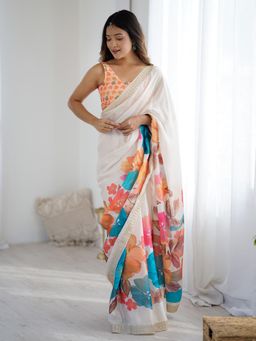Akhilam - Women's Chiffon White Printed Designer Saree with Unstitched Blouse