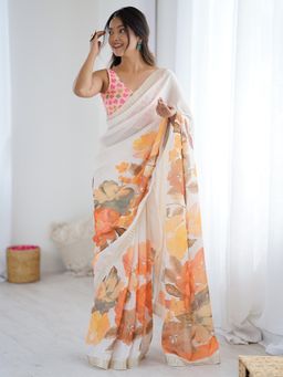 Akhilam - Women's Chiffon White Printed Designer Saree with Unstitched Blouse