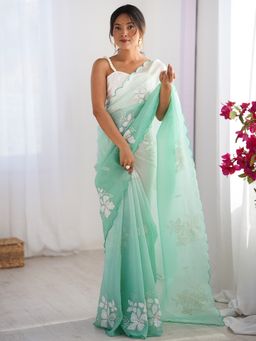 Akhilam - Women's Tissue Sea Green Embellished Designer Saree with Unstitched Blouse