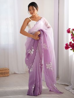 Akhilam - Women's Tissue Purple Embellished Designer Saree with Unstitched Blouse