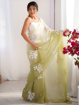 Akhilam - Women's Tissue Light Green Embellished Designer Saree with Unstitched Blouse