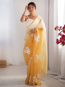 Akhilam - Women's Tissue Mustard Embellished Designer Saree with Unstitched Blouse