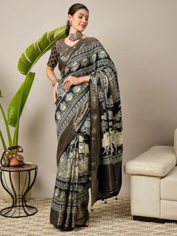 Akhilam - Women's Viscose Black Digital Print Designer Saree with Unstitched Blouse
