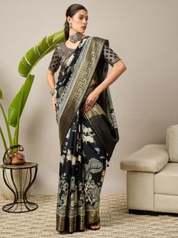 Akhilam - Women's Viscose Black Printed Designer Saree with Unstitched Blouse