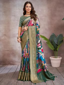Akhilam - Women's Viscose Green Printed Designer Saree with Unstitched Blouse