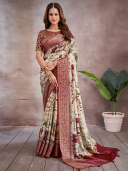 Akhilam - Women's Viscose Cream Digital Print Designer Saree with Unstitched Blouse