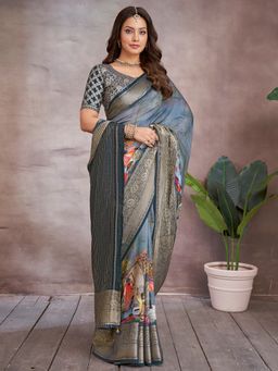 Akhilam - Women's Viscose Blue Printed Designer Saree with Unstitched Blouse