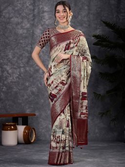 Akhilam - Women's Viscose Cream Digital Print Designer Saree with Unstitched Blouse