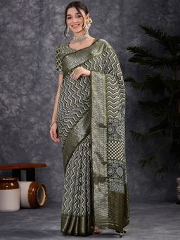 Akhilam - Women's Viscose Olive Digital Print Designer Saree with Unstitched Blouse