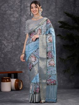 Akhilam - Women's Viscose Light Blue Digital Print Saree with Unstitched Blouse
