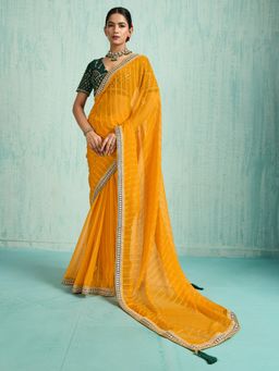 Akhilam - Women's Chiffon Yellow Embellished Designer Saree with Unstitched Blouse